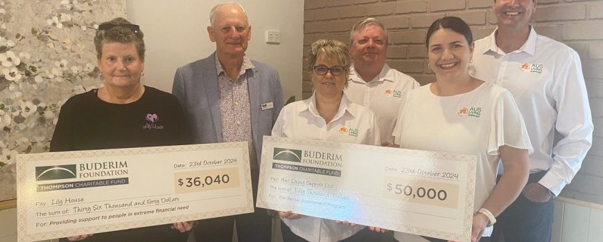 BF Thompson Charitable Fund grant October 2024 - Lily House's Jo Higgins, Buderim Foundatioin chair Rod McKinnon, Aus Living Suppoort's Leanne & Ian Harrison, Dessi Mitzeva and Kent Roberts